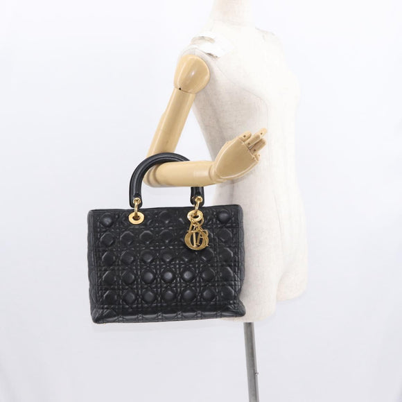 Christian Dior Lady Dior Canage Tote Bag Leather Black Gold Auth 160256
