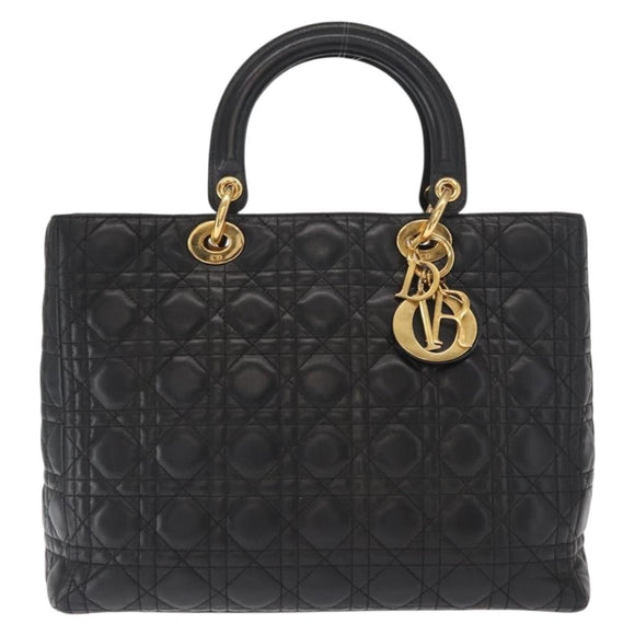 Christian Dior Lady Dior Canage Tote Bag Leather Black Gold Auth 160256