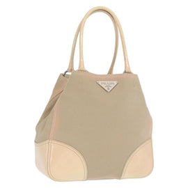 PRADA Tote Bag Canvas Leather Beige Silver Auth 160268