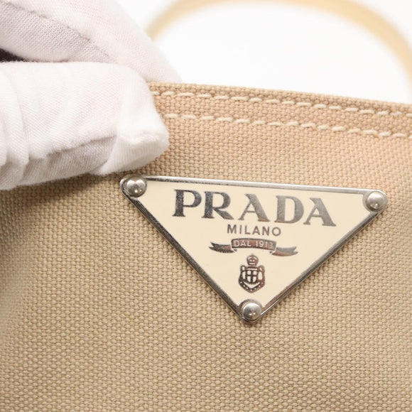 PRADA Tote Bag Canvas Leather Beige Silver Auth 160268