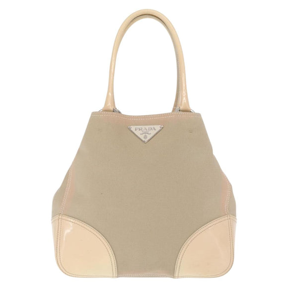 PRADA Tote Bag Canvas Leather Beige Silver Auth 160268