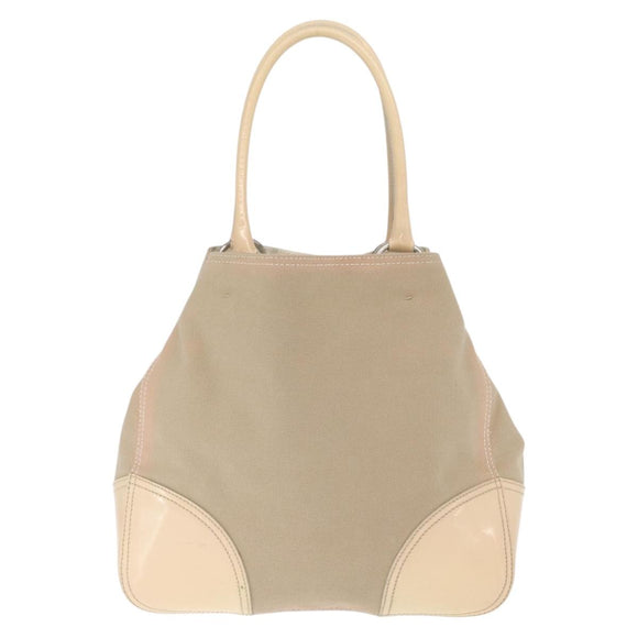 PRADA Tote Bag Canvas Leather Beige Silver Auth 160268