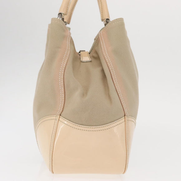PRADA Tote Bag Canvas Leather Beige Silver Auth 160268