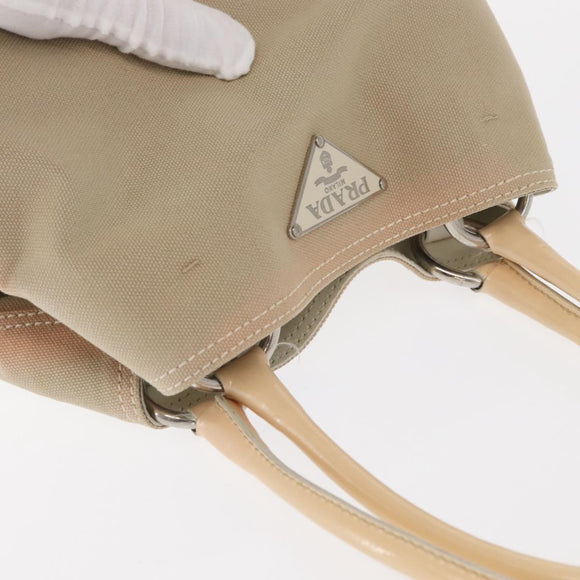 PRADA Tote Bag Canvas Leather Beige Silver Auth 160268