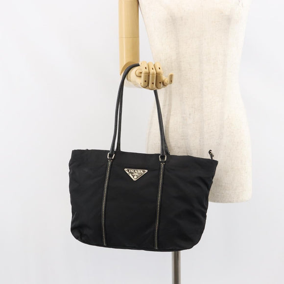 PRADA Tote Bag Nylon Leather Black Silver Auth 160271
