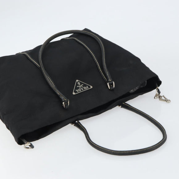 PRADA Tote Bag Nylon Leather Black Silver Auth 160271