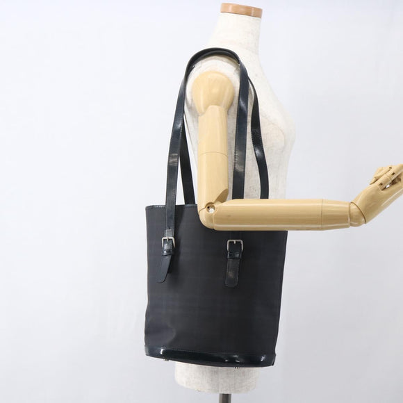 BURBERRY Nova Check Tote Bag PVC Navy Silver Auth 160290