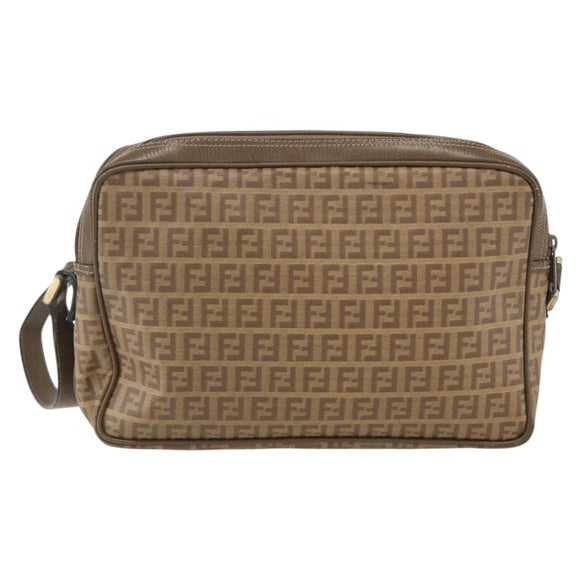 FENDI Zucchino Canvas Shoulder Bag PVC Brown Gold Auth 160299