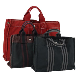 HERMES Fourre Tout Hand Bag Canvas 3 Set Black Red Bordeaux Auth 160324