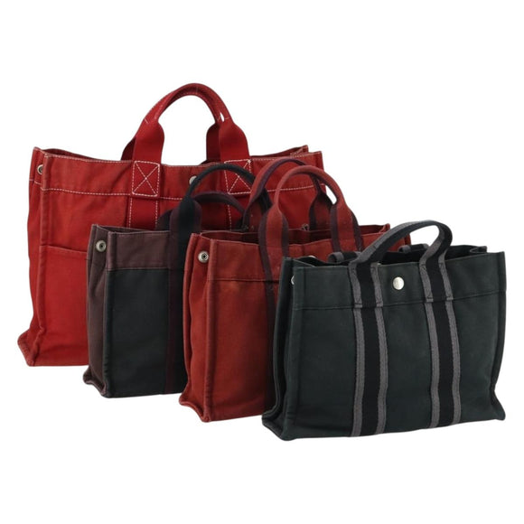 HERMES Fourre Tout Hand Bag Canvas 4 Set Black Red Bordeaux Auth 160325