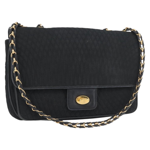 BALLY Quilted Chain Shoulder Bag Nylon Black Gold Auth 160374