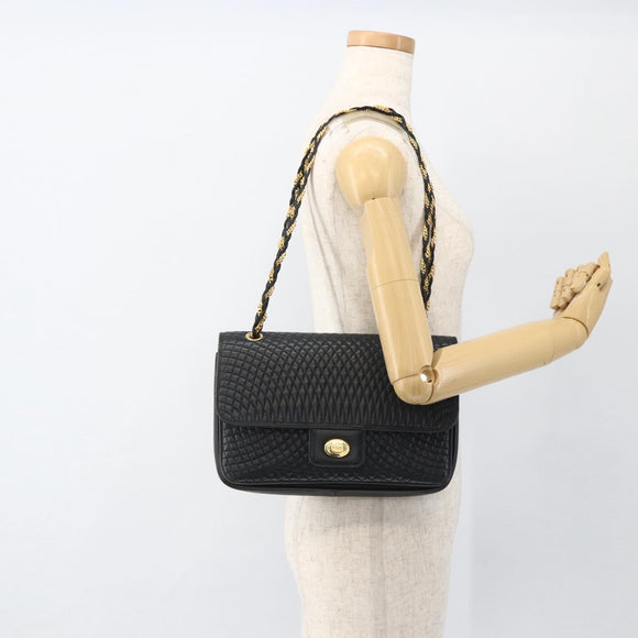 BALLY Quilted Chain Shoulder Bag Leather Navy Gold Auth 160414