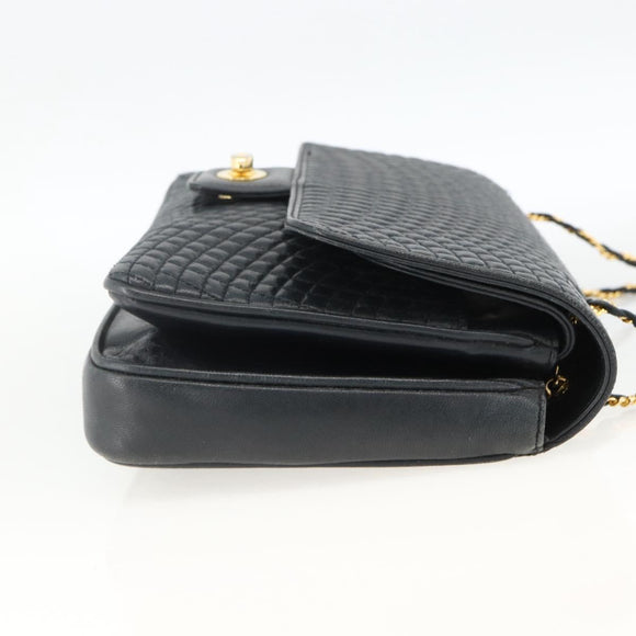 BALLY Quilted Chain Shoulder Bag Leather Navy Gold Auth 160414