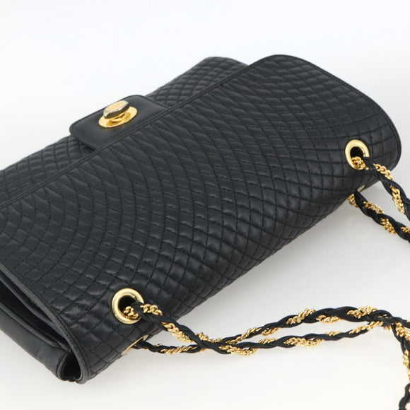BALLY Quilted Chain Shoulder Bag Leather Navy Gold Auth 160414