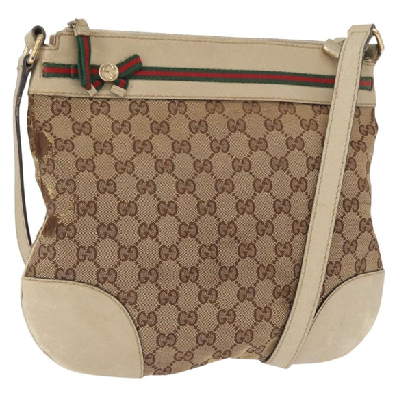 GUCCI GG Canvas Web Sherry Line Shoulder Bag Beige Gold 257065 Auth 160488