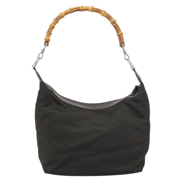 GUCCI Bamboo Shoulder Bag Nylon Khaki Silver 000 0531 Auth 160496