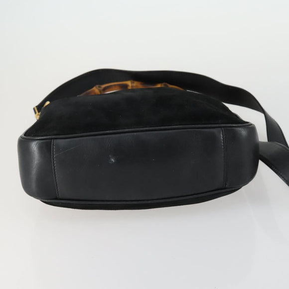 GUCCI Bamboe Handtas Suède Leer 2-weg Zwart Goud 0013754 Origineel 160497