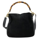 GUCCI Bamboe Handtas Suède Leer 2-weg Zwart Goud 0013754 Origineel 160497-13