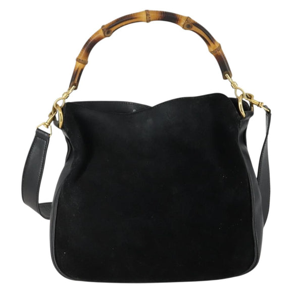 GUCCI Bamboe Handtas Suède Leer 2-weg Zwart Goud 0013754 Origineel 160497
