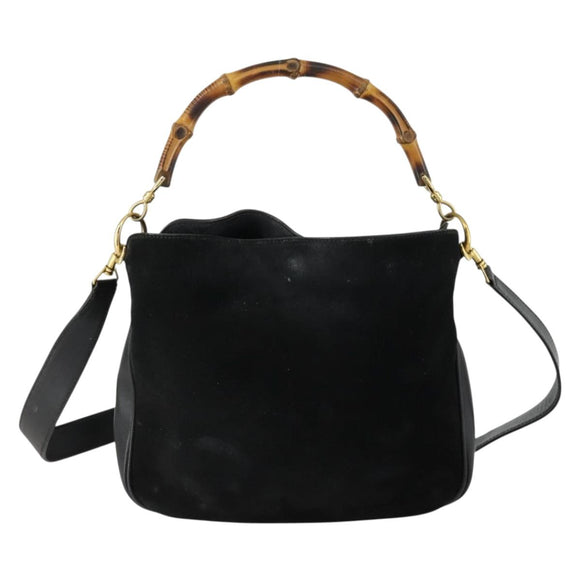 GUCCI Bamboe Handtas Suède Leer 2-weg Zwart Goud 0013754 Origineel 160497