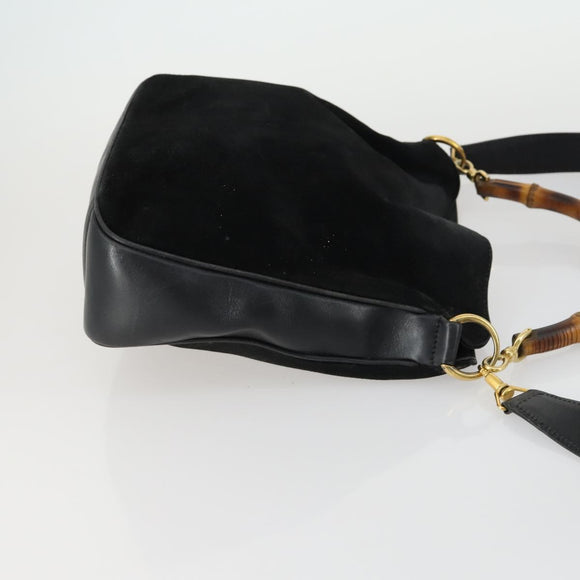 GUCCI Bamboe Handtas Suède Leer 2-weg Zwart Goud 0013754 Origineel 160497