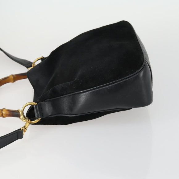 GUCCI Bamboe Handtas Suède Leer 2-weg Zwart Goud 0013754 Origineel 160497