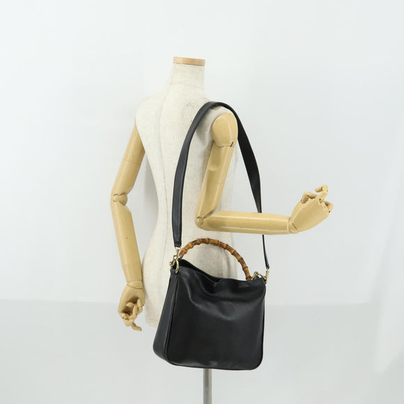 GUCCI Bamboo Hand Bag Leather 2way Black Gold 001 2123 1638 Auth 160499