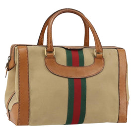 GUCCI Web Sherry Line Boston Bag Canvas Beige Gold Auth 160502