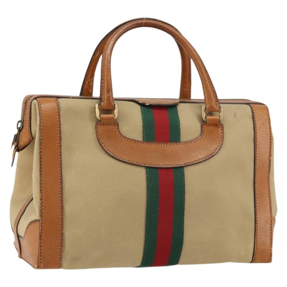 GUCCI Web Sherry Line Boston Bag Canvas Beige Gold Auth 160502