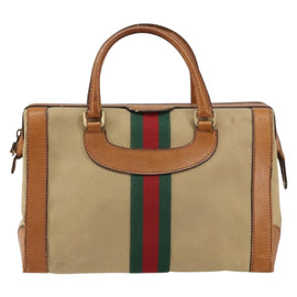 GUCCI Web Sherry Line Boston Bag Canvas Beige Gold Auth 160502 - 0