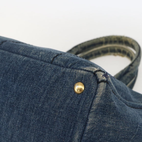 PRADA Canapa MM Hand Bag Denim Blue Gold Auth 160527