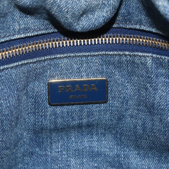 PRADA Canapa MM Hand Bag Denim Blue Gold Auth 160527