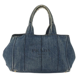 PRADA Canapa MM Hand Bag Denim Blue Gold Auth 160527 - 0