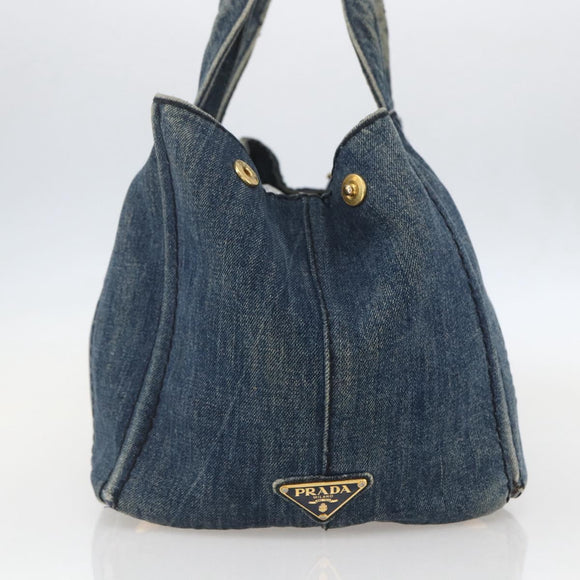 PRADA Canapa MM Hand Bag Denim Blue Gold Auth 160527