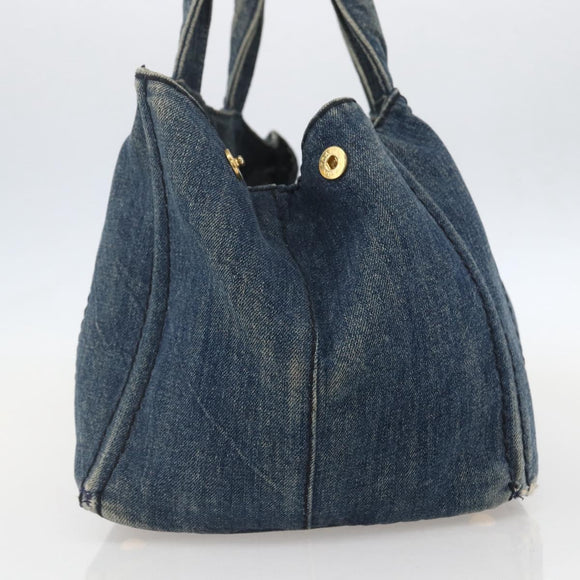 PRADA Canapa MM Hand Bag Denim Blue Gold Auth 160527