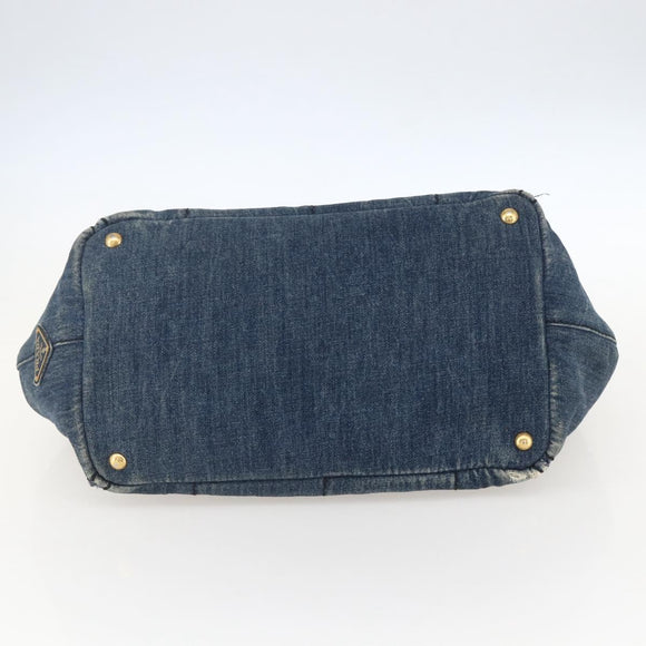 PRADA Canapa MM Hand Bag Denim Blue Gold Auth 160527