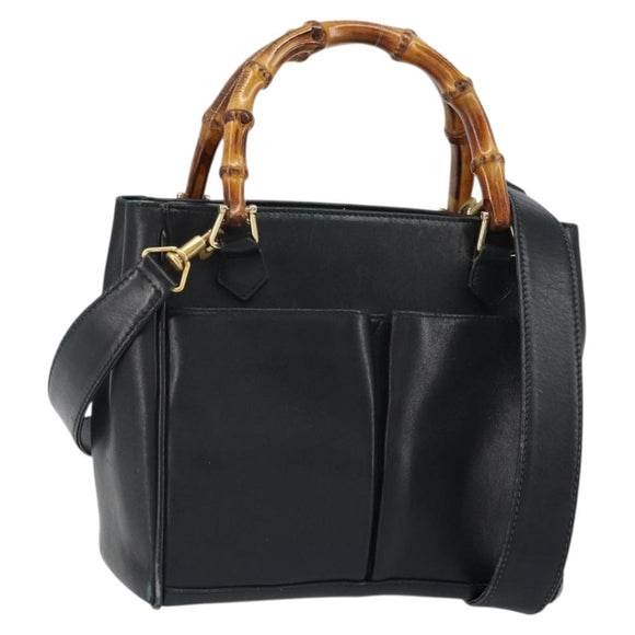 GUCCI Bamboo Hand Bag Leather 2way Black Gold 000 2122 0316 Auth 160580