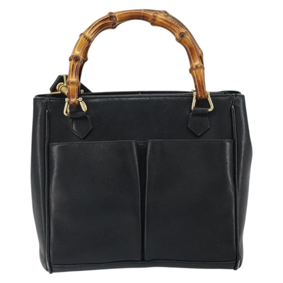 GUCCI Bamboo Hand Bag Leather 2way Black Gold 000 2122 0316 Auth 160580