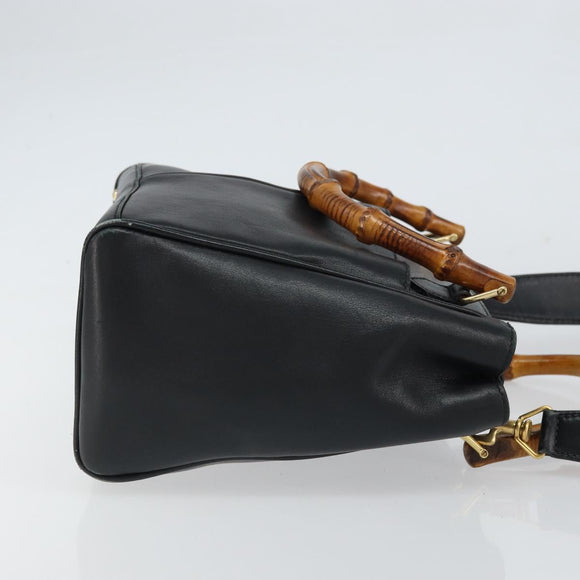 GUCCI Bamboo Hand Bag Leather 2way Black Gold 000 2122 0316 Auth 160580