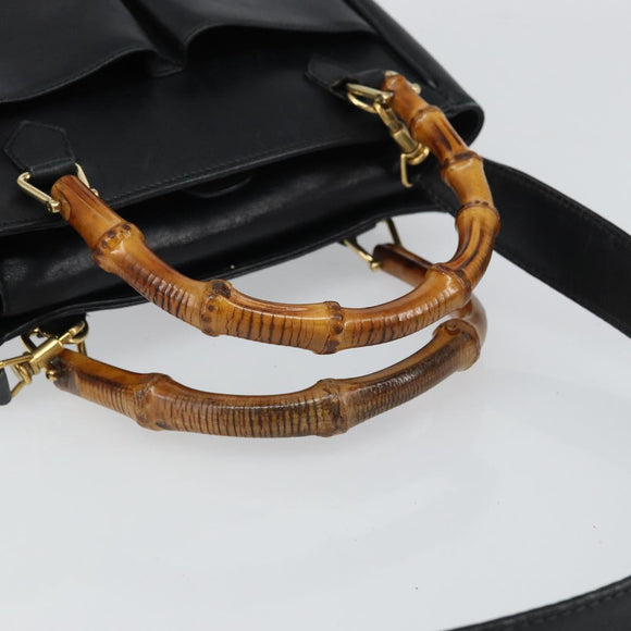 GUCCI Bamboo Hand Bag Leather 2way Black Gold 000 2122 0316 Auth 160580