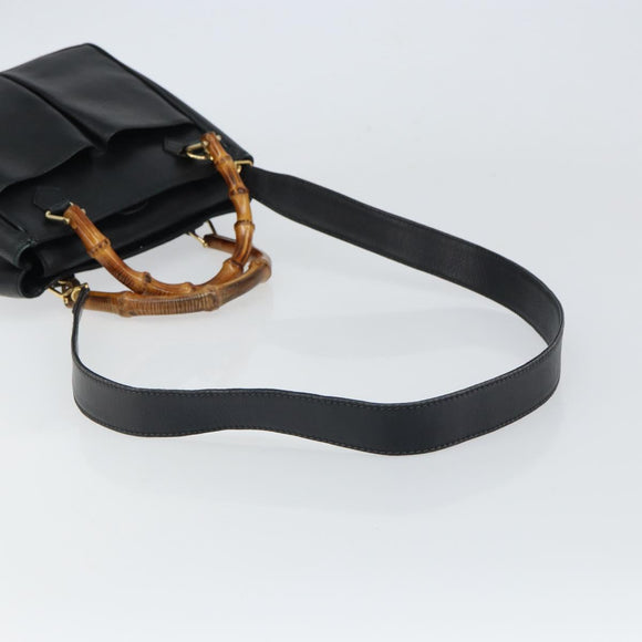 GUCCI Bamboo Hand Bag Leather 2way Black Gold 000 2122 0316 Auth 160580
