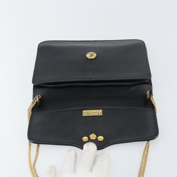 Christian Dior Chain Shoulder Bag Leather Black Gold Auth 160675