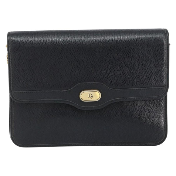 Christian Dior Chain Shoulder Bag Leather Black Gold Auth 160675