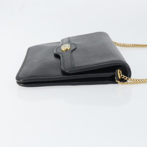 Christian Dior Chain Shoulder Bag Leather Black Gold Auth 160675