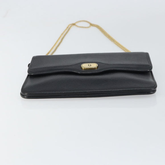 Christian Dior Chain Shoulder Bag Leather Black Gold Auth 160675