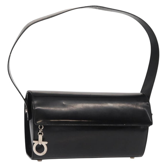 Salvatore Ferragamo Gancini Shoulder Bag Enamel Black Silver Auth 160684