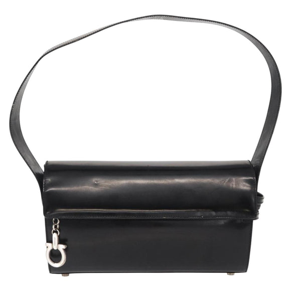 Salvatore Ferragamo Gancini Shoulder Bag Enamel Black Silver Auth 160684