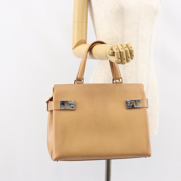 Salvatore Ferragamo Gancini Tote Bag Leather Beige Gold Auth 160685