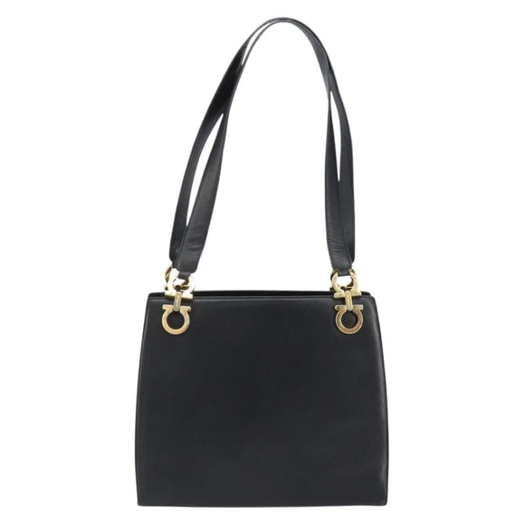 Salvatore Ferragamo Gancini Shoulder Bag Leather Black Gold Auth 160687