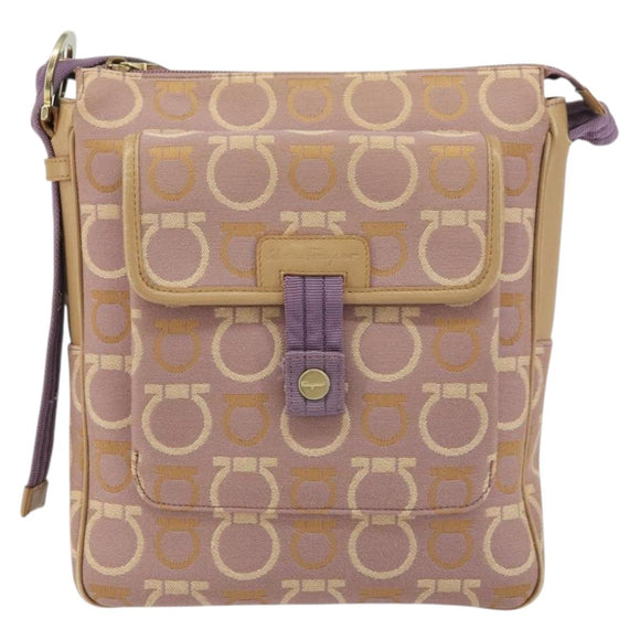 Salvatore Ferragamo Gancini Shoulder Bag Canvas Purple Gold Auth 160696